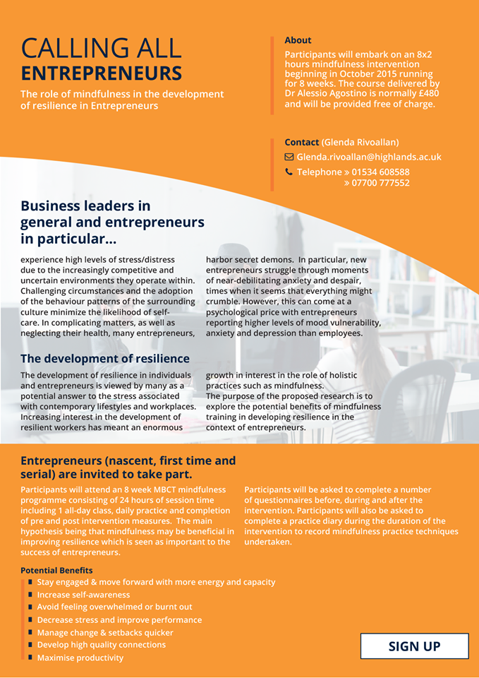 Mindfulness and the development of Resilience in Entrepreneurs - volunteers needed!
