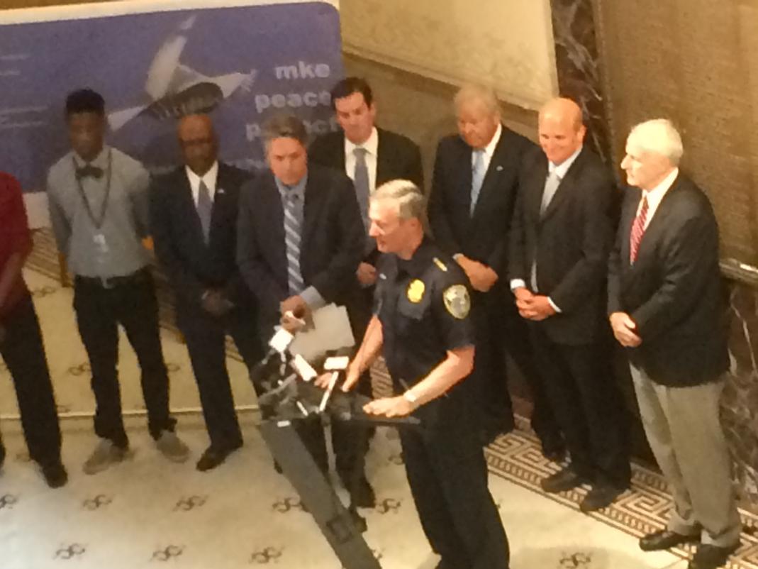 MKE_CC's tweet photo. @Milwaukeepolice Chief Flynn addressing #MKEPeaceProject winners announcement event at City Hall http://t.co/Tx73RFsXJL