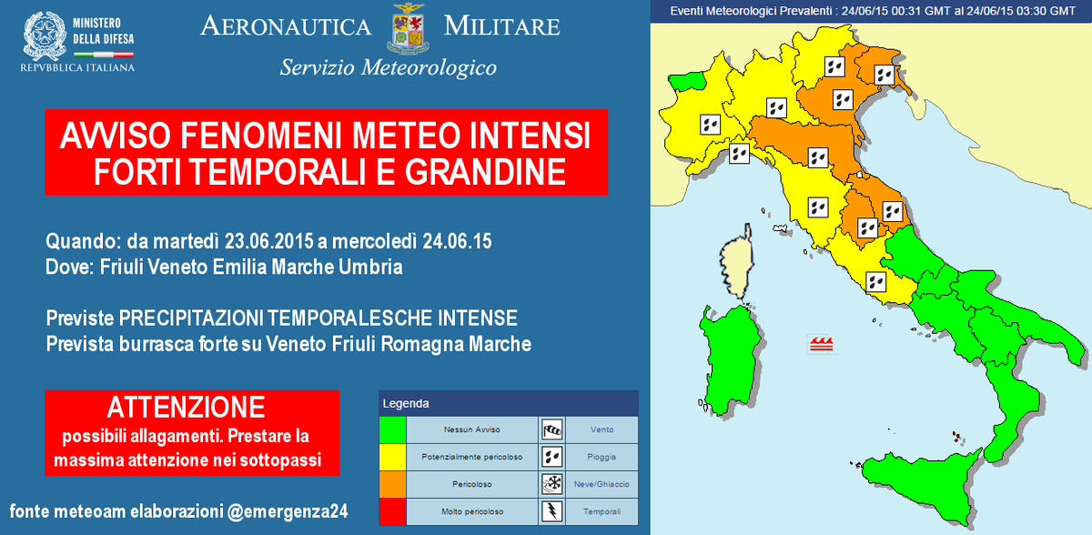 Emergenza24's tweet photo. UPDATE  [23.06-22:30] #Friuli #Veneto #Emilia #Marche #Umbria Previsti intensi temporali #maltempo #meteo http://t.co/WQAWQekHfO