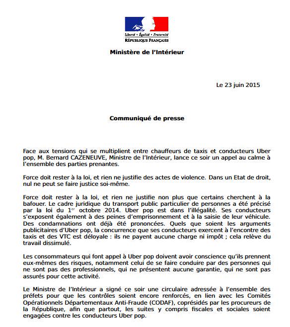 Interieur_Gouv's tweet photo. [Communiqué] @BCazeneuve appelle les chauffeurs de #taxis et conducteurs d'#UberPop au calme : http://t.co/OdMUZQg7p9 http://t.co/p635VQu3eY
