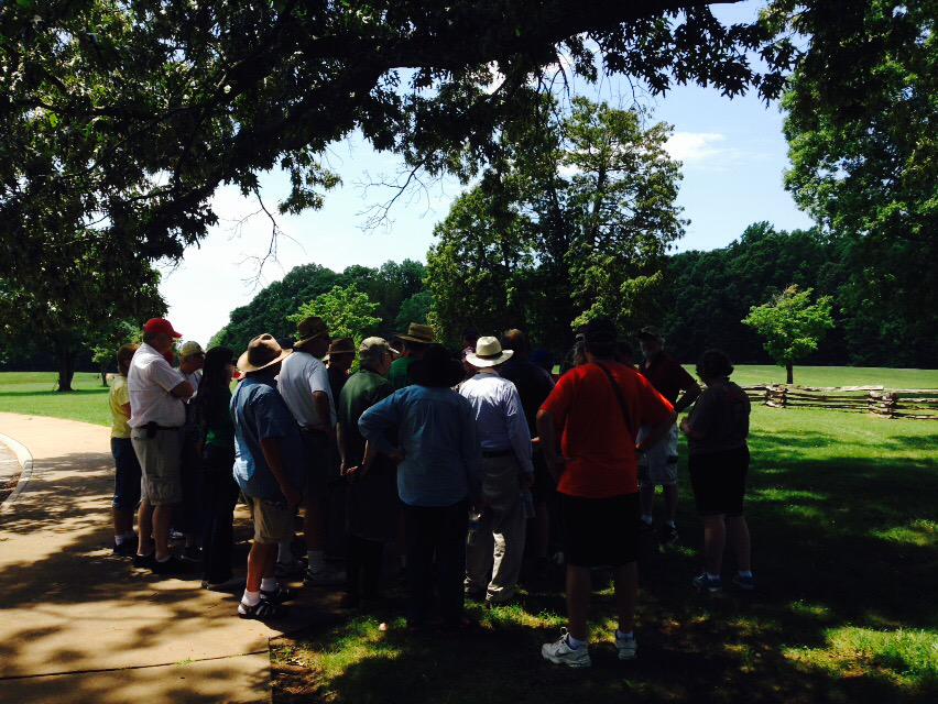 CWI_GC's tweet photo. Patrick Schroeder and Ernie Price move a tour group through the route of Lee's retreat to Appomattox. #cwi2015 http://t.co/GyaJN8IKRo