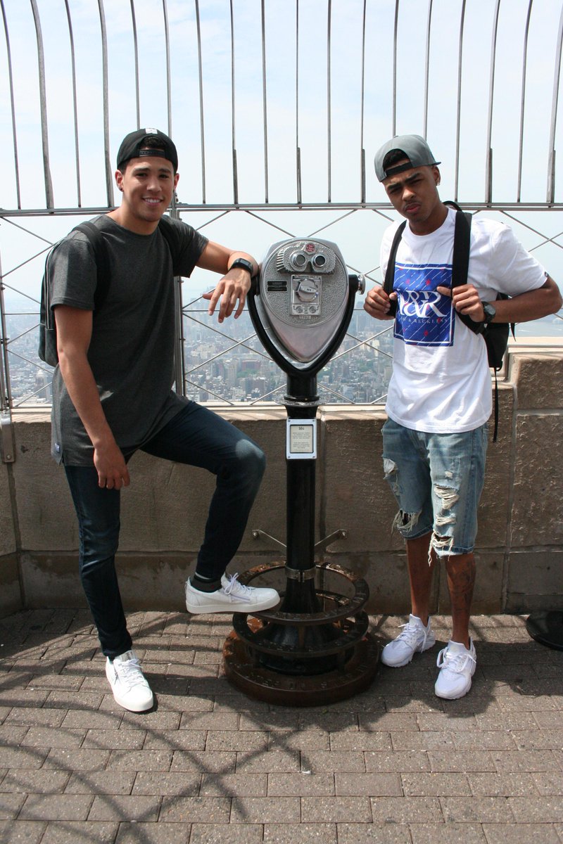 EmpireStateBldg's tweet image. Spotted at the Empire State Building: top #NBADraft prospects D&apos;Angelo Russell (@Dloading) &amp;amp; @DevinBook! #NBA