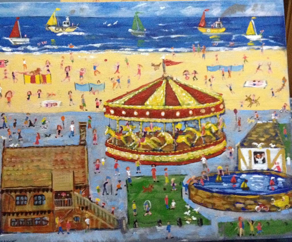 suffolkpainter's tweet photo. Fun painting of Aldeburgh beach by A. Gillingwater in acrylics on canvas for the Blaxhall art exhibition #forsail http://t.co/AfMD0mST6G