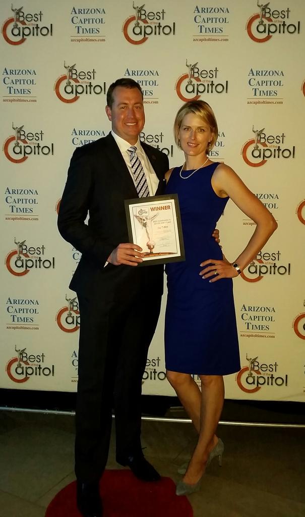JeffDeWitAZ's tweet photo. Marina & I are honored to accept @AzCapitolTimes @BestOfCapitolAZ award for Best Campaign TV Ad or Web Video! #BOTC15 http://t.co/CmslwPFRR3