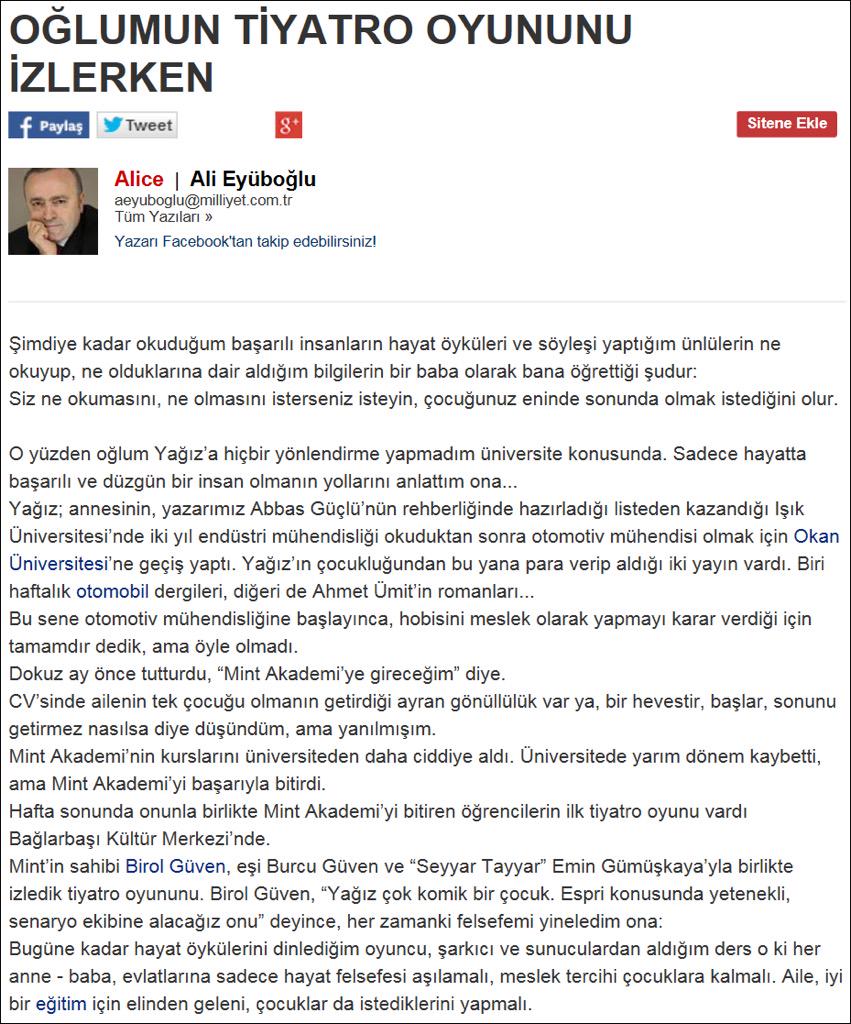 eyuboglualice's tweet photo. Oğlum @EyubogluZ'nin, @MinTAkademi'nin #mezuniyet #tiyatro #oyun unu izlerken. #YağızEyüboğlu #MintAkademi @milliyet http://t.co/j5nldZg82W