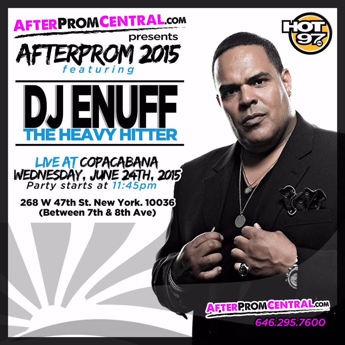 AfterProms's tweet photo. Hot 97's @djenuff rockin' 1&amp;2s for AfterProm Party at Copacabana NYC Wed. June24th! Tkts: http://t.co/KvMdq2hyxY http://t.co/HXPwWNLM5Y