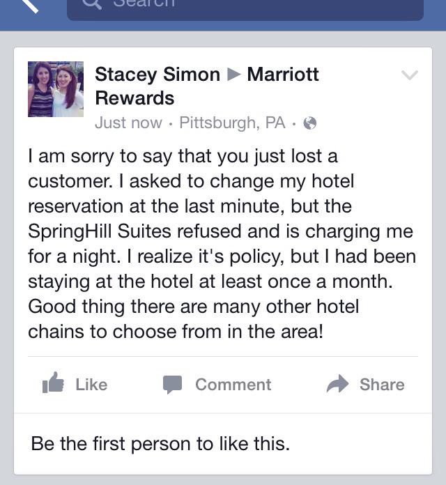 StaceyLSimon's tweet photo. Completely disappointed in you @Marriott @MarriottRewards. Where should I take my business now? @HiltonHotels? http://t.co/W1q8uA5voZ
