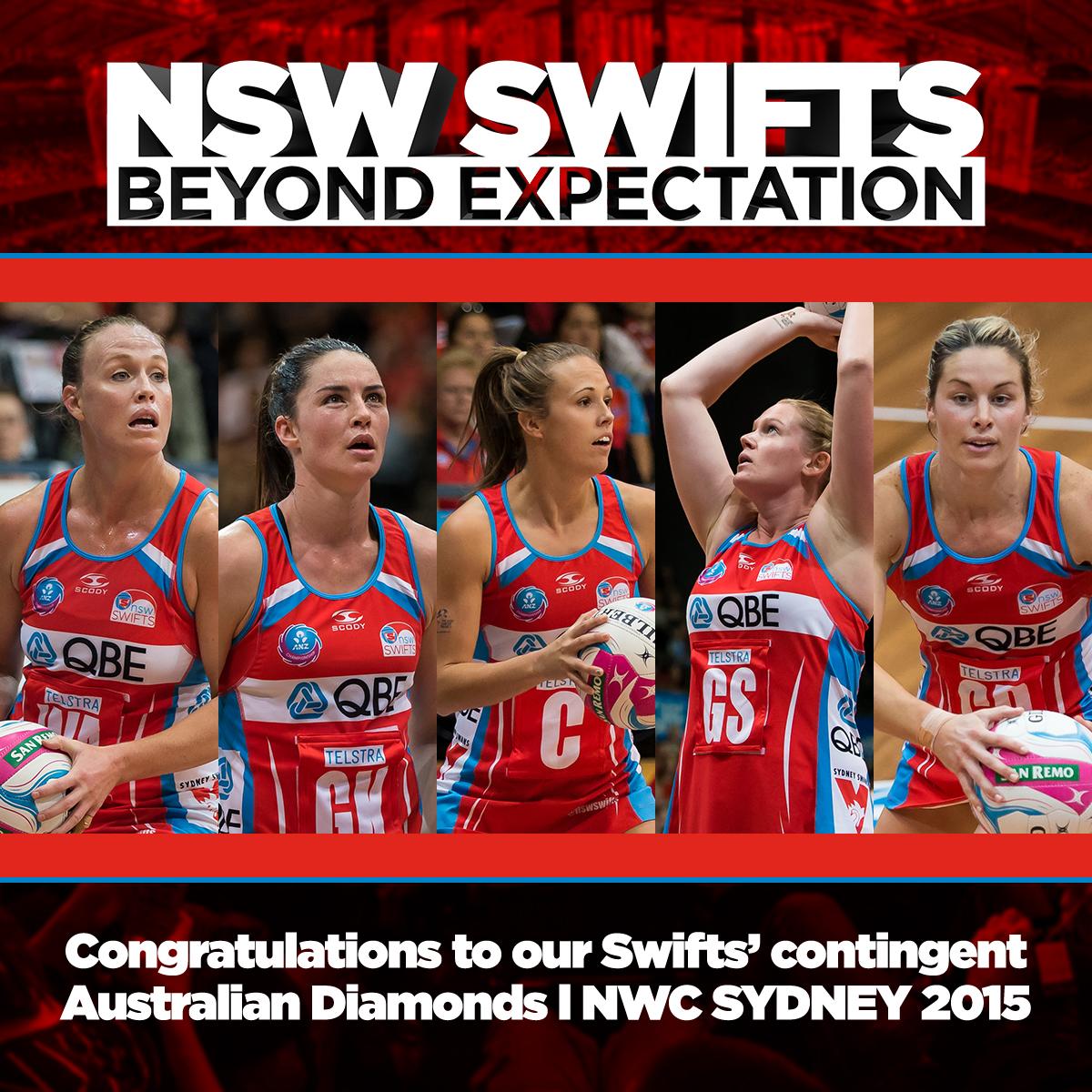 NSWSwifts's tweet photo. Five members of the 2015 @NSWSwifts named in the @AussieDiamonds team for @netballworldcup > http://t.co/4PHH9euTK2 http://t.co/VatERnIMX5