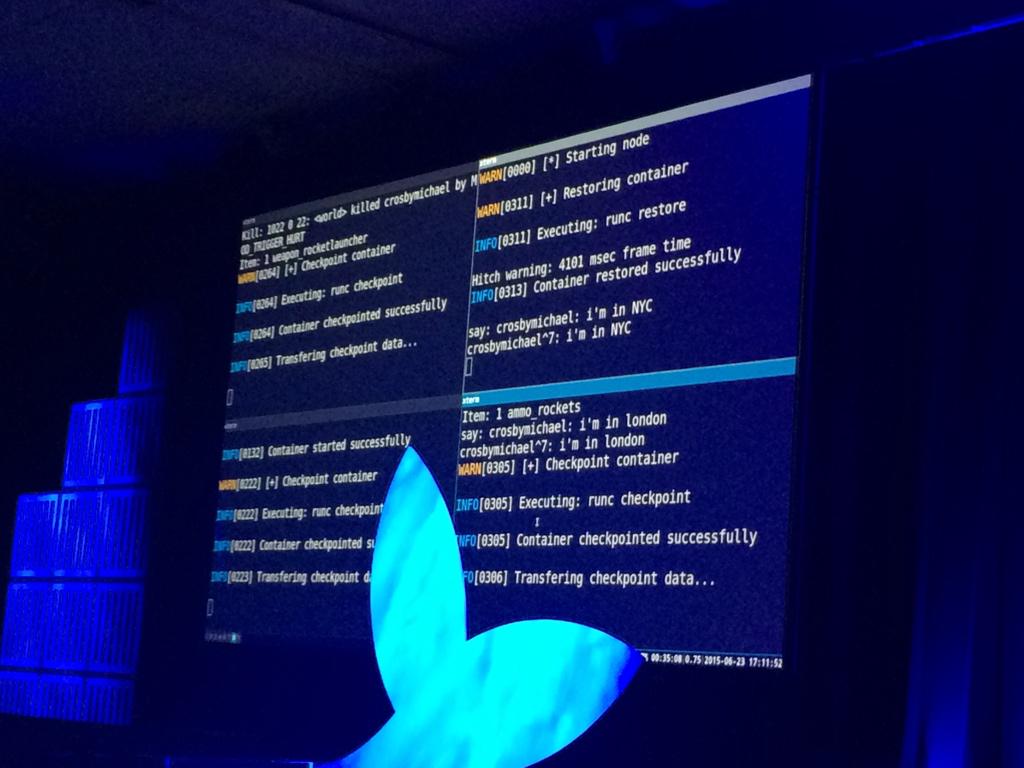 bridgetkromhout's tweet image. Quake in containers: hilariously fun #dockercon demo by @crosbymichael &amp;amp; @icecrime: migrating live containers in use.