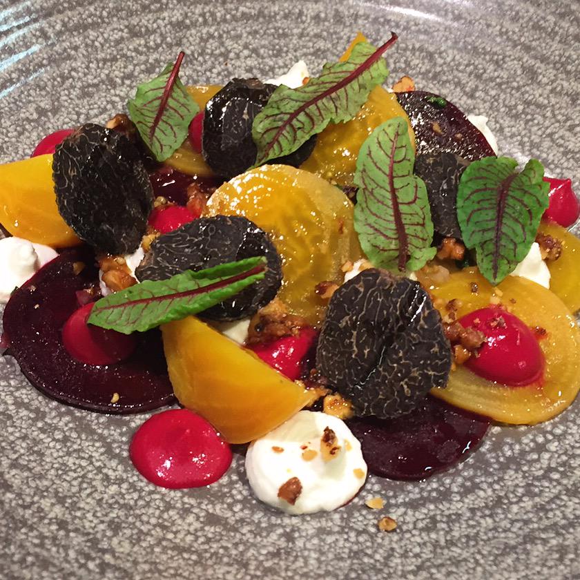 Enjoy a colourful Wednesday w/ our special pickled #beetroot salad, honey #goatscurd, #candiedwalnuts + #blacktruffle