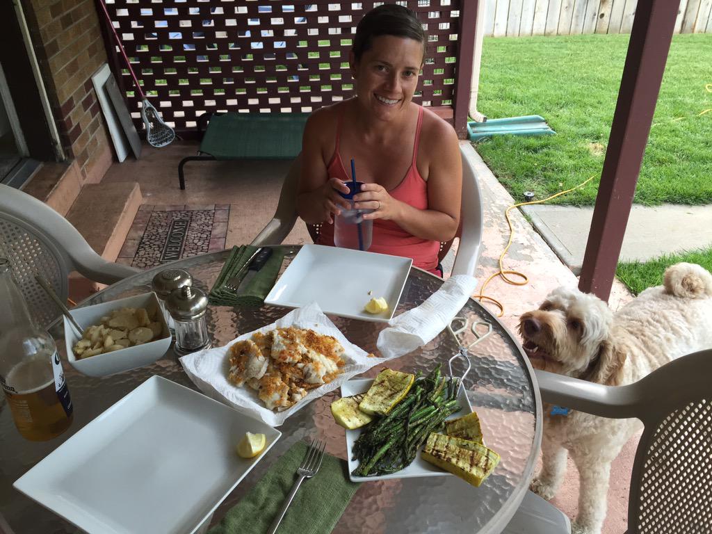 Boozer_CO's tweet photo. #Woof ! @BarbJoyAswege @Boozer_CO &amp; @admanaswege enjoying #Walleye from #Siouxnarrows #Canada on lovely summer night http://t.co/FGYPXRVwb9”