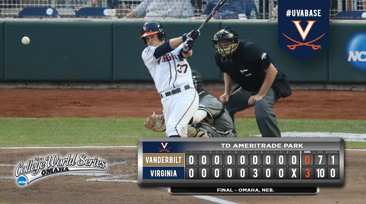 UVABaseball's tweet photo. Final: #UVaBase downs Vanderbilt 3-0 in game 2 of #CWS. Teams play Weds. at 8 pm ET for the National Championship http://t.co/lHM9jxq4sS