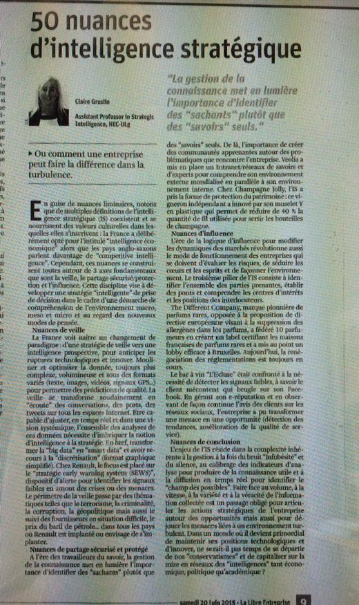 NathalieHosay's tweet photo. 50 nuances par #HEC_ULg, Claire Gruslin, prof #intelligencestrategique @Cgruslin @IntelligenSTGiq In La Libre, 20/6 http://t.co/SzTTXYWa6e