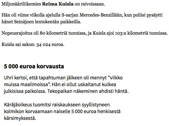 VirtanenTatu's tweet photo. 80 km/h -alueella 103 km/h: 54 000€.

Naisen raiskaaminen kolmistaan: 5000€. #Tapanila #KuislallaOliVainRahaa http://t.co/Z1CBlRLG3y
