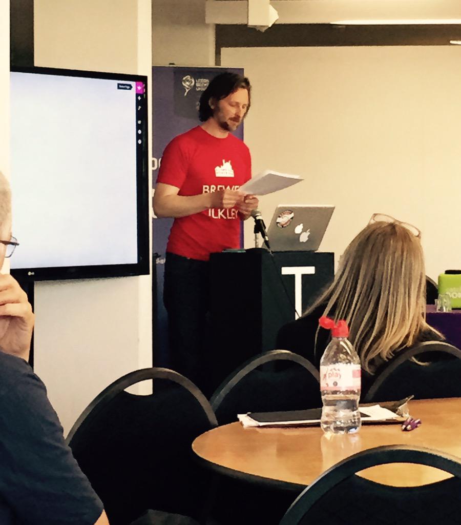 KerryHarker's tweet photo. #GaryWintersfrom @Lone_Twin is first keynote speaker #BrewingPerformance @The_Tetley. Wearing @Ilkleybrewery t-shirt! http://t.co/vreHFP8bmq