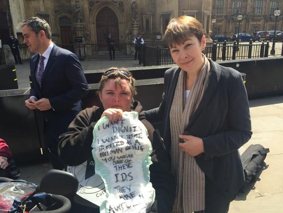 CarolineLucas's tweet photo. With @paulapeters2 outside Westminster, lobbying against scandalous closure of Independent Living Fund  #saveILF http://t.co/aeWgLyQssI