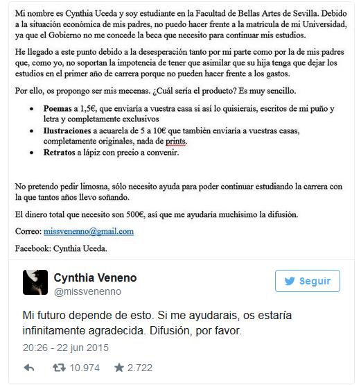 verne's tweet photo. Se llama Cynthia Uceda, estudia Bellas Artes y necesita ayuda para continuar la carrera http://t.co/VVLk6qXTX7 http://t.co/fNLM9G6QO7