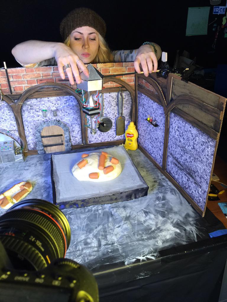 erskine's tweet photo. Behind the scenes from our latest @pizzahut commercial! Built from scratch, with love and #hotdogs. #HotdogPizza http://t.co/6evBiXgql2