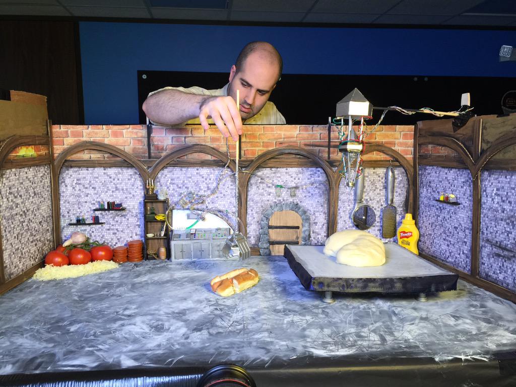 erskine's tweet photo. Behind the scenes from our latest @pizzahut commercial! Built from scratch, with love and #hotdogs. #HotdogPizza http://t.co/6evBiXgql2