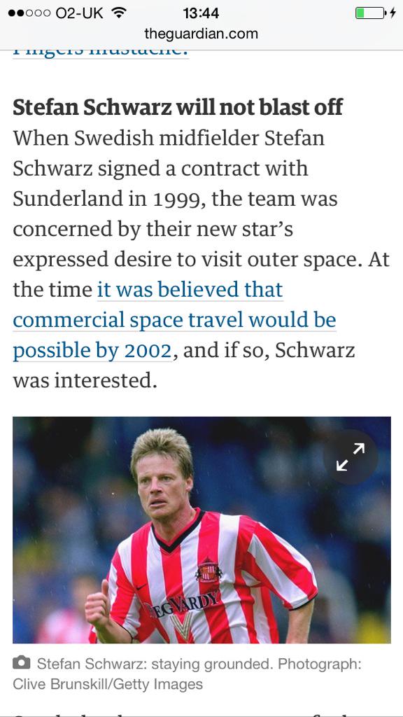 PigFootball's tweet photo. In 1999 Sunderland FC made Stefan Scwarz sign a contract stating he would not travel to space: http://t.co/SJUigKI38J http://t.co/JtxWfOXLRI