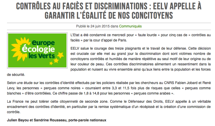 EELV's tweet photo. Contrôle au faciès et discriminations : #EELV appelle à garantir l'égalité de nos concitoyens http://t.co/oxWvkF9bcK http://t.co/Dl1qNziQYC