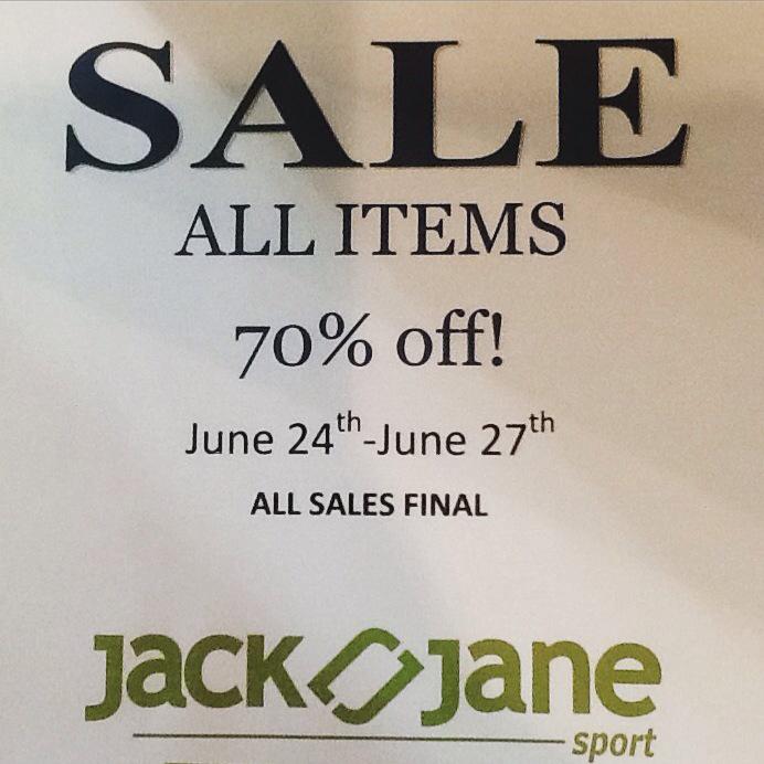 JackJaneSport's tweet photo. Today's marks our last sale, 70% off. The sale goes through June 27th. We will now be closing THIS SATURDAY June 27. http://t.co/To4glW2kI4