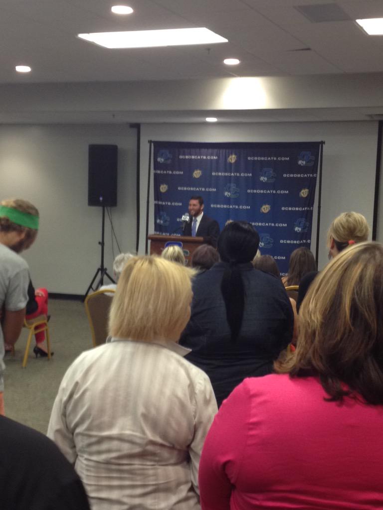 Steven Cary, <a href="/BobcatXC/">GC Cross Country</a> Head Coach takes to the podium. #gcxcpresser