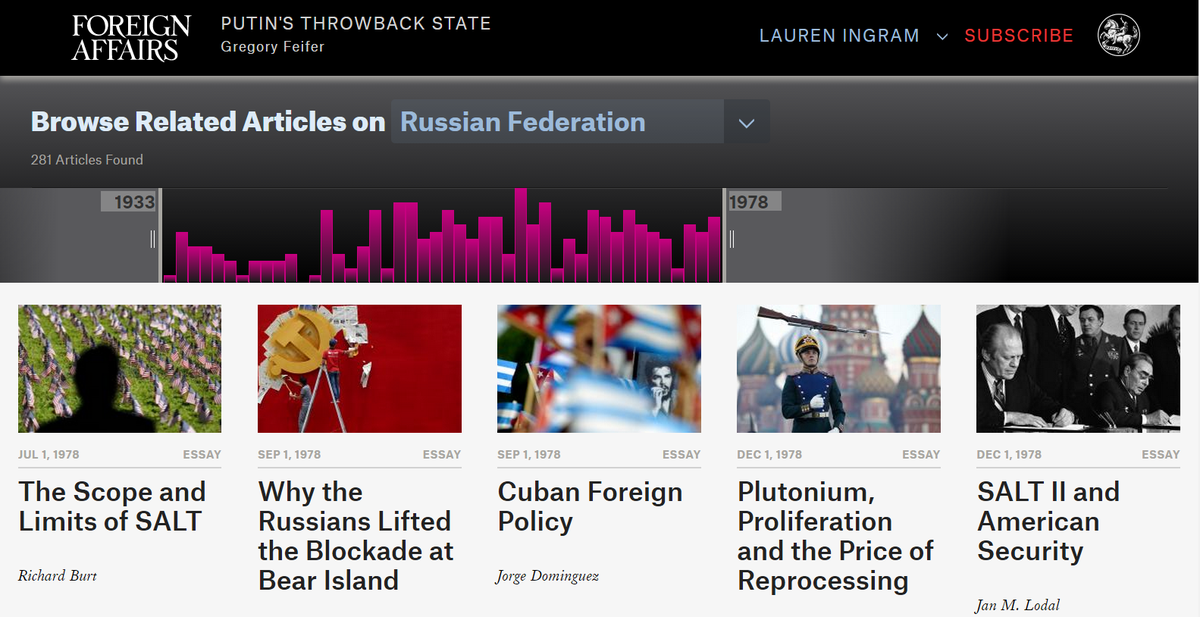 LNIngram's tweet image. So this is is a #GreatUI for search from @ForeignAffairs - check this: filter by year on any given topic #NiceIdea