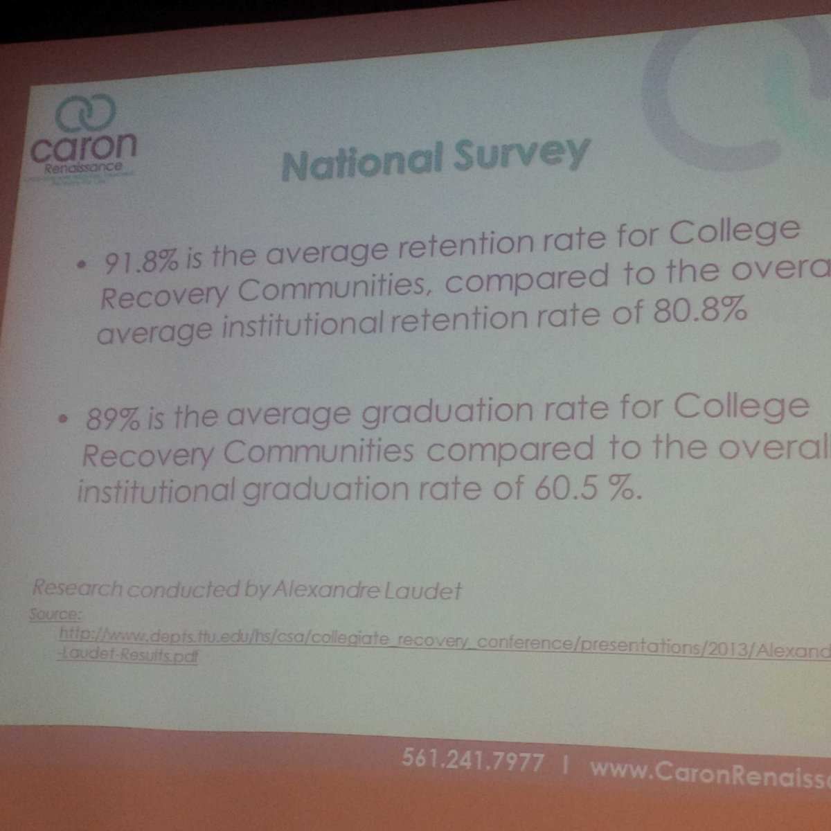 CaronTreatment's tweet photo. Students in #recovery have better retention and graduation rates than the average student. #EndTheStigma #unite2015 http://t.co/Lvslnga2EL