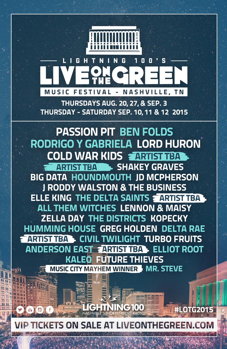 LiveOnTheGreen's tweet photo. BOOM! Your lineup for @lightning100's 2015 @liveonthegreen! #StillFree
RT for a chance to win VIP tickets. #LOTG2015 http://t.co/Lp61TykFFz