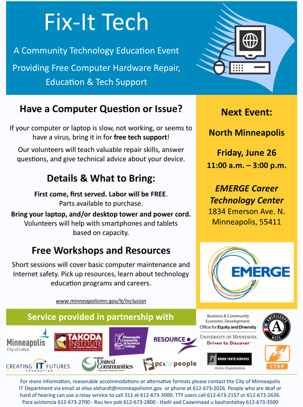 emergemn's tweet image. Slow computer? Viruses? Bring it to the #ECTC this Friday from 11 - 3 for free tech support! #fixittech