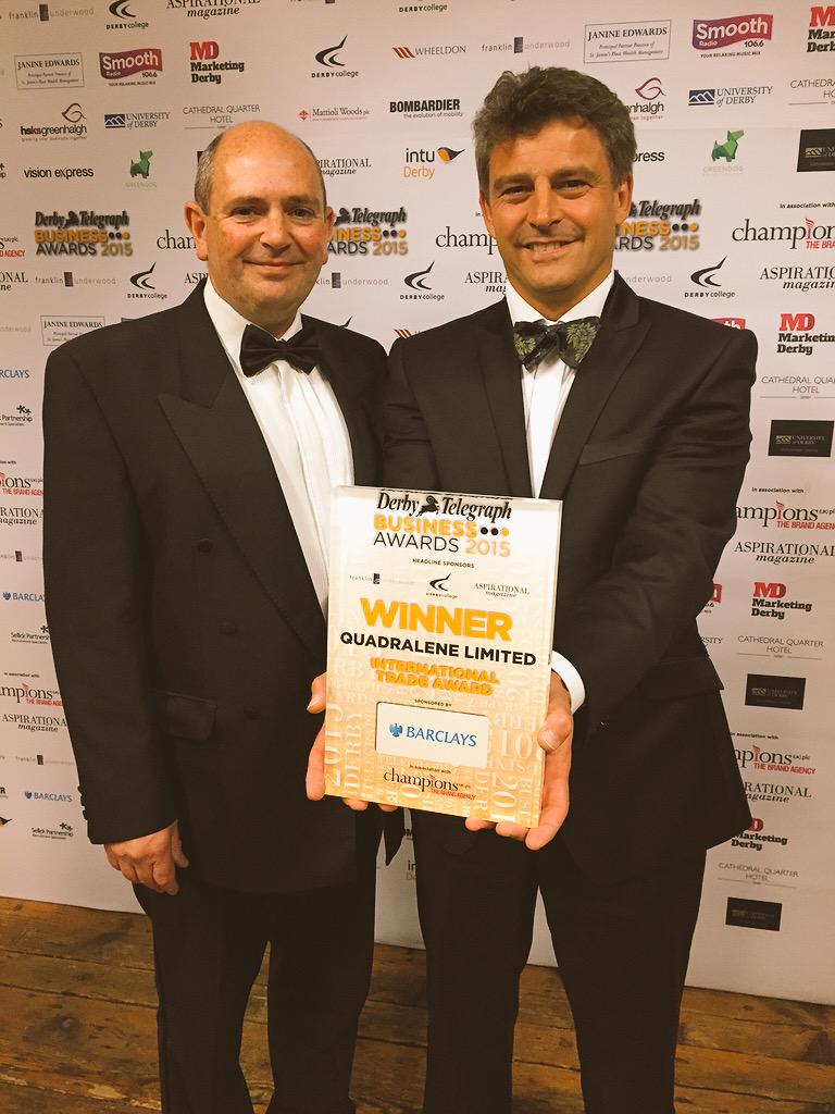 DLBizAwards's tweet photo. Huge well done @QuadraleneLtd winning International Trade Award, sponsored @Barclays #Winner #DTBA2015 @SarahWTrade http://t.co/UMdPh3KZcD