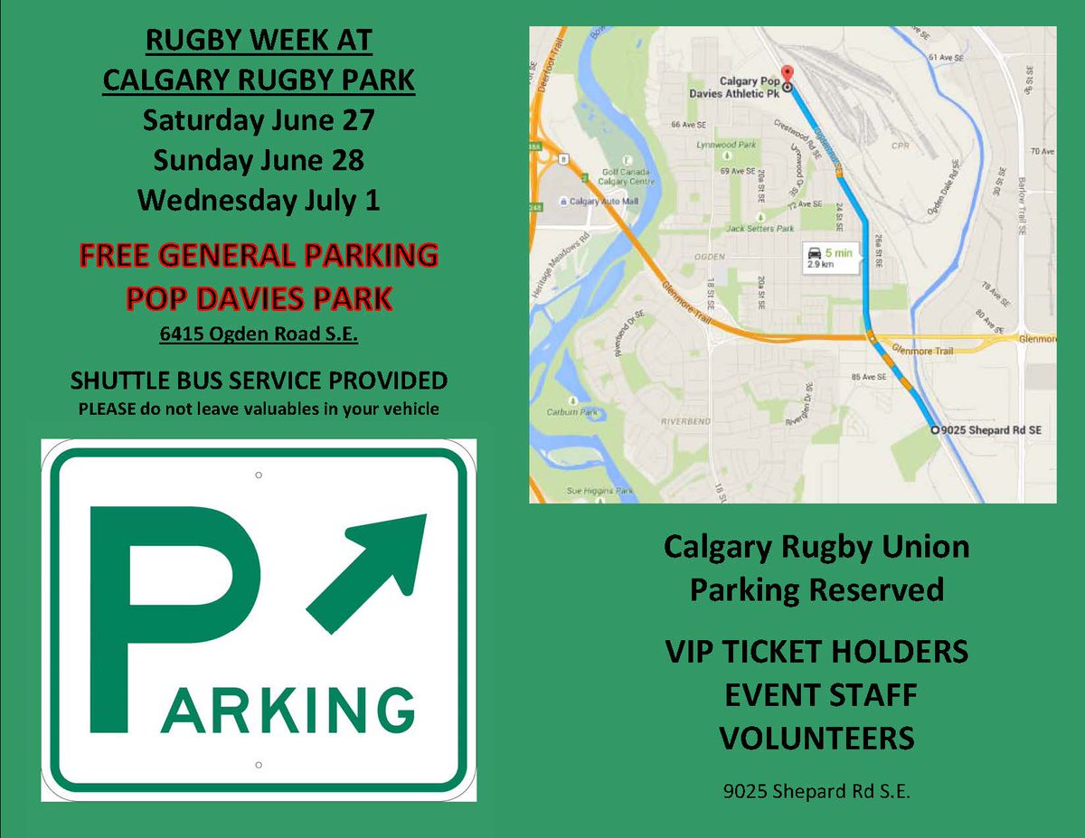 RugbyWeekinYYC's tweet photo. PLEASE NOTE: GENERAL ADMISSION TICKET HOLDERS WILL NEED TO PARK AT POP DAVIES FREE SCHUTTLE SERVICE WILL BE PROVIDED. http://t.co/bfqbl7HrOP