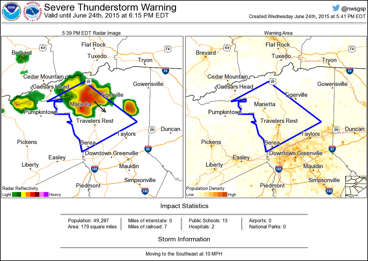 NWSSevereTstorm's tweet image. Severe Thunderstorm Warning including Berea SC, Travelers Rest SC, Marietta SC until 6:15 PM EDT