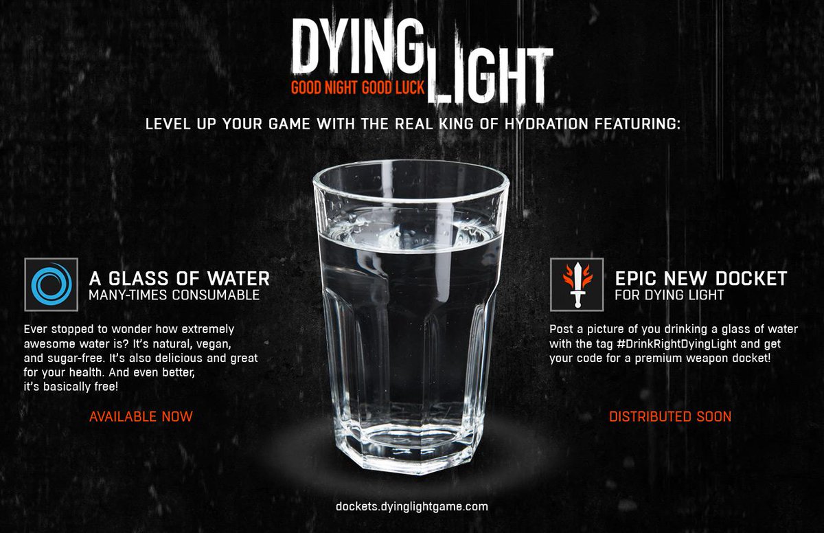 krog Summen svag Dying Light on Twitter: "We're jumping on the latest trend in game  marketing! #DrinkRightDyingLight &gt; #DrinkForDLC http://t.co/DQHr6MRFwi"  / Twitter