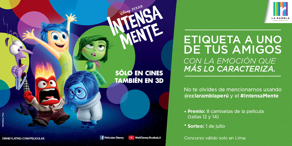 cclaramblaperu's tweet photo. #CONCURSO Sé el ganador de una de las 8 camisetas de la película #IntensaMente. Juega y entra a nuestro sorteo. http://t.co/5DUrQhHEHY