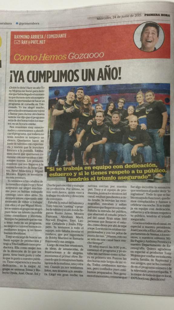 raymondarrieta's tweet photo. No dejes de leer mi columna !YA CUMPLIMOS UN AÑO! hoy en la pag 2 de Primera Hora http://t.co/tHwpmA5LJj