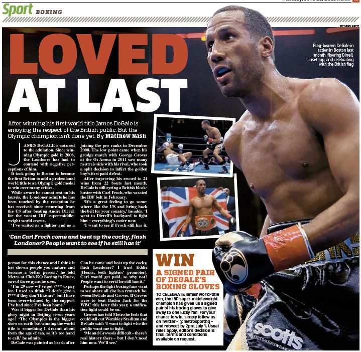 metrosportHQ's tweet photo. Want to win a signed pair of @jamesdegale1's boxing gloves? Just follow and retweet us by 2pm on July 1! http://t.co/cFYpnq2zJf