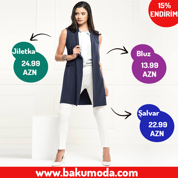 Həm tərzli, həm ciddi...
Jiletka:bit.ly/1BksBWx
Bluz: bit.ly/1Gz6R5i
Şalvar: bit.ly/1fCmFOW