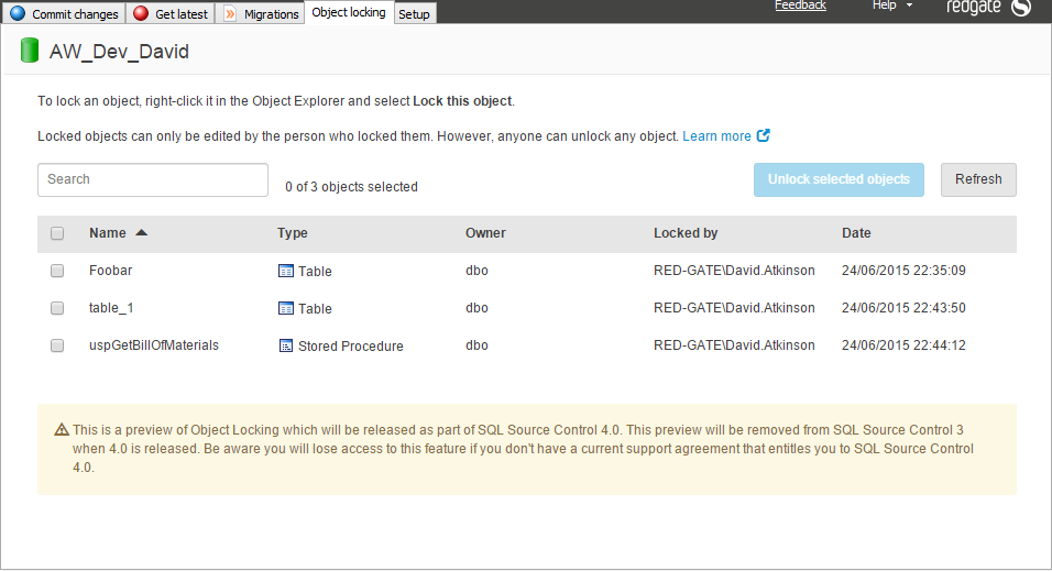 dtabase's tweet image. New Lock' feature in #SQLSourceControl (need Frequent Updates on) to avoid overwriting changes on a shared dev db