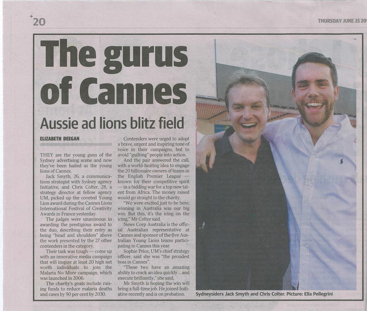UMAustralia's tweet photo. Our Gold Lion winners @Toph_Colter and @jacktsmyth on page 20 of today's @dailytelegraph ! #YoungLions #CannesLions http://t.co/lJgHuudO6m