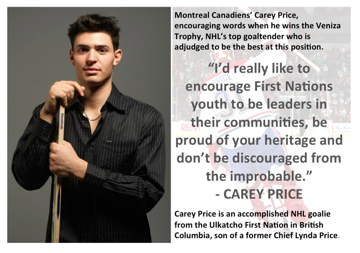 piyesisbrand's tweet photo. Carey Price @CP0031 offers strong words of encourage for First Nations youth as he wins the Vezina Trophy #NHL #HABS http://t.co/Ag7xhrXTRK