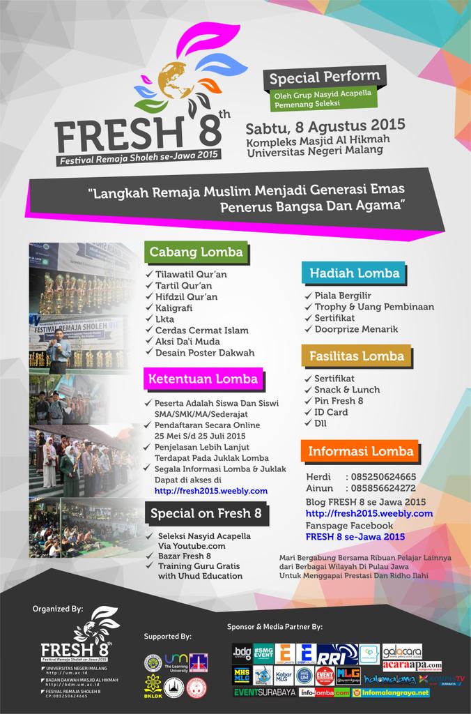 KabarMLG's tweet photo. Festival Remaja Sholeh Se-Jawa 2015 @bdmalhikmah. 8 Agustus 2015. @ Kompleks Mesjid Al - Hikmah UM. CP:085250624665 http://t.co/vBKMwj4Z1H