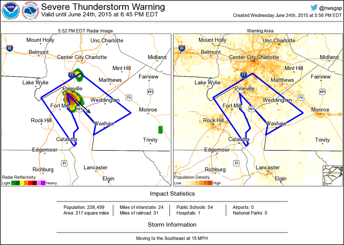 NWSSevereTstorm's tweet image. Severe Thunderstorm Warning including Weddington NC, Pineville NC, Waxhaw NC until 6:45 PM EDT