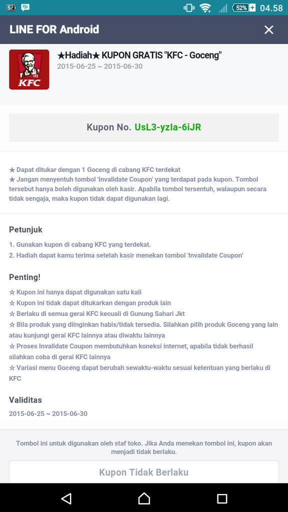 Idih dapet voucer gratis di KFC dari LINE EVENT,makasih yaa LINE 😊😍😘☺