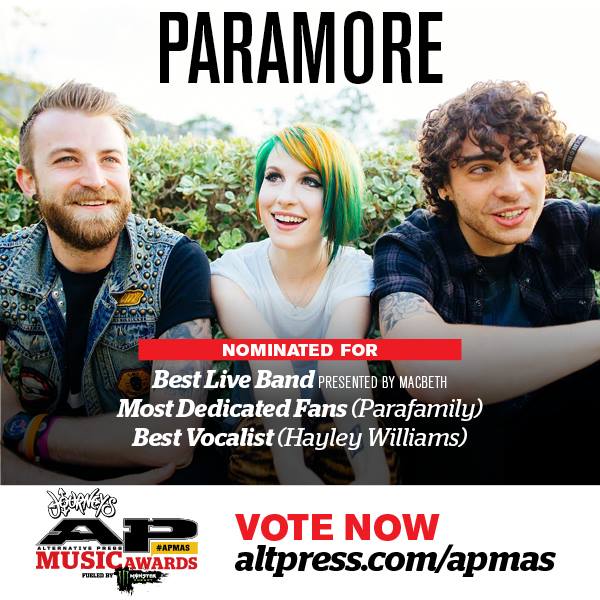 TheParamoreBand's tweet image. Voting for the #APMAs ends July 6! Cast your votes for Paramore here: bit.ly/vote-apmas.
