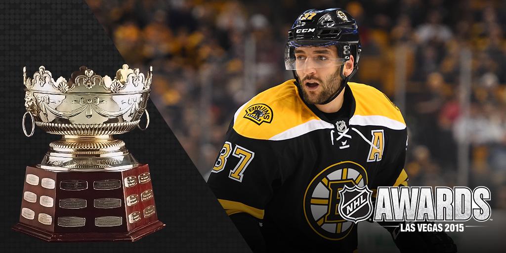 The 2015 Selke Trophy winner, the league's top defensive forward, is Patrice Bergeron. #NHLAwards