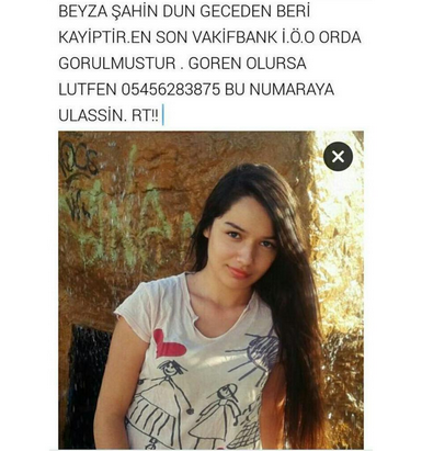 Adana'da kaybolan Beyza Şahin'den dün geceden beri haber alınamıyor. Retweet ederek yayalım.