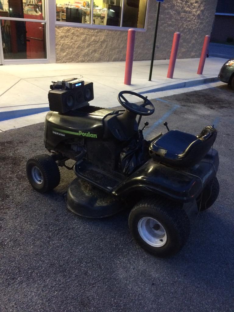 JoahFussell's tweet image. I have seen old men ride lawn mowers on streets, this one has full on CD player and speakers on board.  #MusicOnBlast