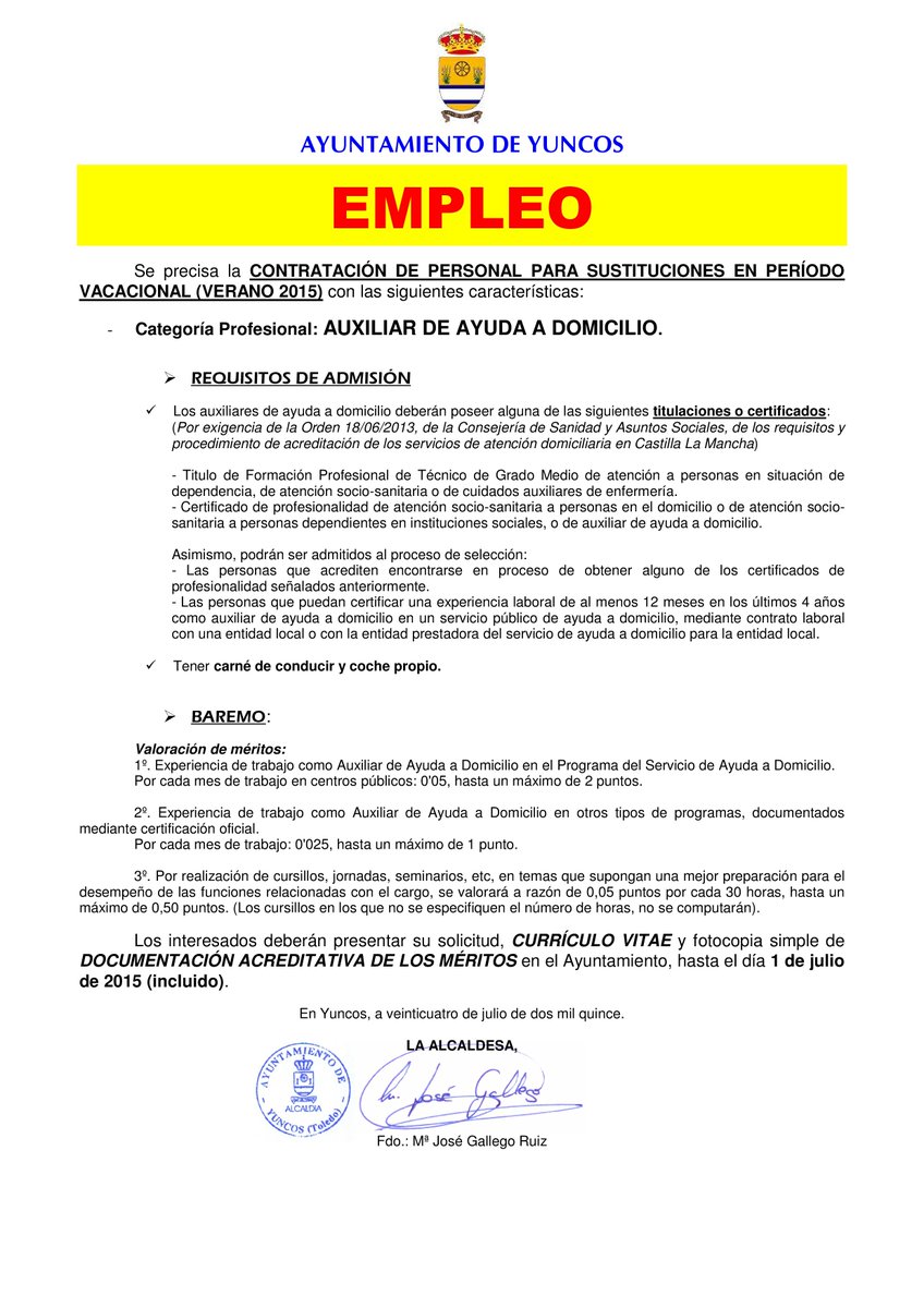 EMPLEO
Se precisa contratación de personal con la categoría profesional de AUXILIAR DE AYUDA A DOMICILIO.
